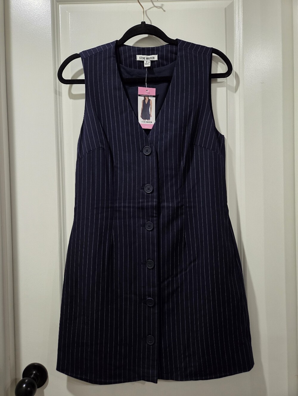 Steve Madden Navy Pinstripe Sleeveless Button Dress